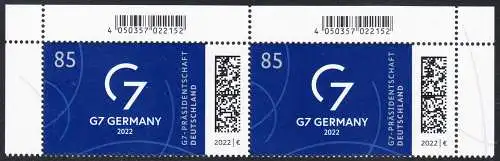 BUND 2022 Michel-# 3694 postfrisch  horiz.PAAR ECKRÄNDER oben rechts/links