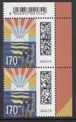 BUND 2022 Michel-# 3695 postfrisch  vert.PAAR ECKRAND oben rechts