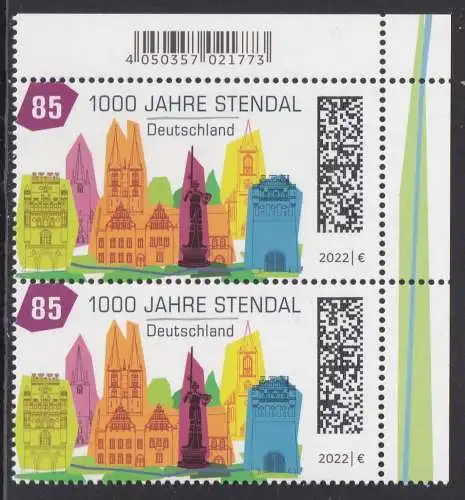 BUND 2022 Michel-# 3698 postfrisch vert.PAAR ECKRAND oben rechts