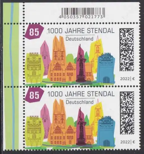 BUND 2022 Michel-# 3698 postfrisch vert.PAAR ECKRAND oben links