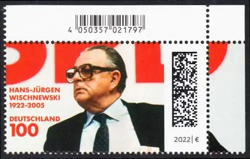 BUND 2022 Michel-# 3700 postfrisch EINZELMARKE ECKRAND oben rechts