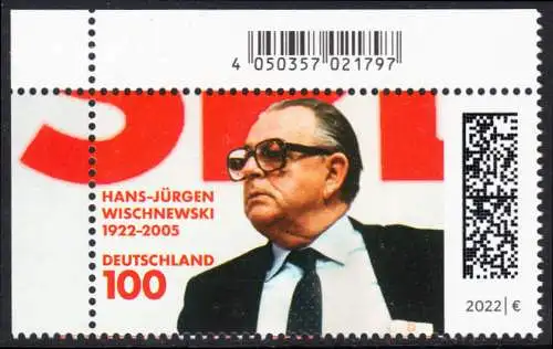BUND 2022 Michel-# 3700 postfrisch EINZELMARKE ECKRAND oben links