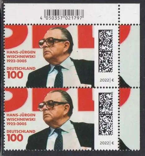 BUND 2022 Michel-# 3700 postfrisch vert.PAAR ECKRAND oben rechts