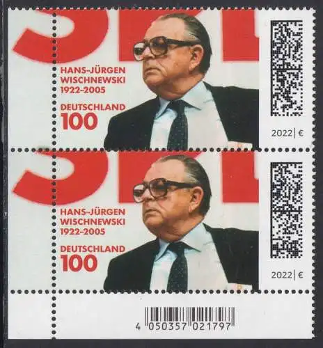 BUND 2022 Michel-# 3700 postfrisch vert.PAAR ECKRAND unten links