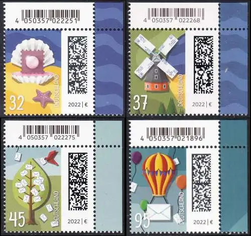BUND 2022 Michel-# 3702-3705 postfrisch SATZ(4) EINZELMARKEN ECKRÄNDER oben rechts