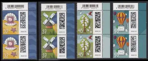 BUND 2022 Michel-# 3702-3705 postfrisch SATZ(4) vert.PAARE ECKRÄNDER oben rechts