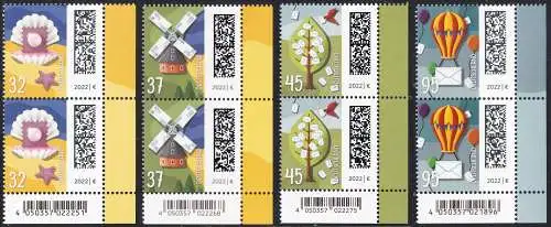 BUND 2022 Michel-# 3702-3705 postfrisch SATZ(4) vert.PAARE ECKRÄNDER unten rechts