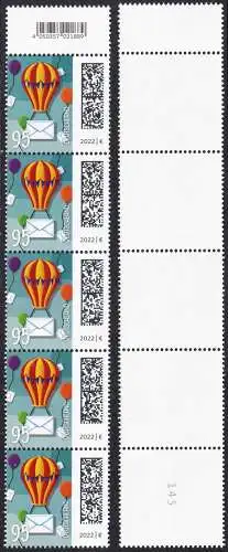 BUND 2022 Michel-# 3705 postfrisch vert.STRIP(5) (coils) m/ EAN-Tab & Backside-# 145