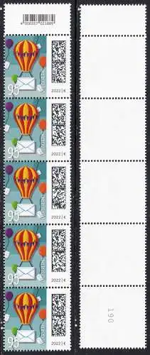 BUND 2022 Michel-# 3705 postfrisch vert.STRIP(5) (coils) m/ EAN-Tab & Backside-# 190