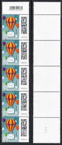 BUND 2022 Michel-# 3705 postfrisch vert.STRIP(5) (coils) m/ EAN-Tab & Backside-# 195