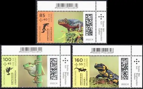 BUND 2022 Michel-# 3706-3708 postfrisch SATZ(3) EINZELMARKEN ECKRÄNDER oben rechts