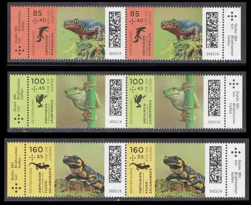BUND 2022 Michel-# 3706-3708 postfrisch SATZ(3) horiz.PAARE RÄNDER rechts/links