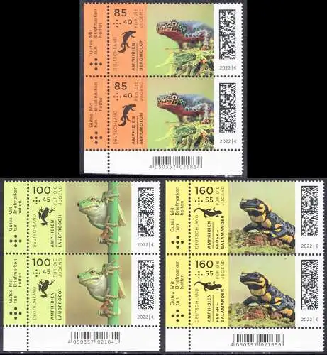BUND 2022 Michel-# 3706-3708 postfrisch SATZ(3) vert.PAARE ECKRÄNDER unten links