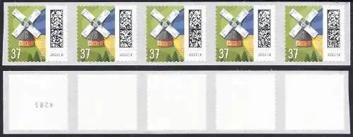 BUND 2022 Michel-# 3712 postfrisch horiz.STRIP(5) (coils/selbstklebend) m/ rücks.# 4285