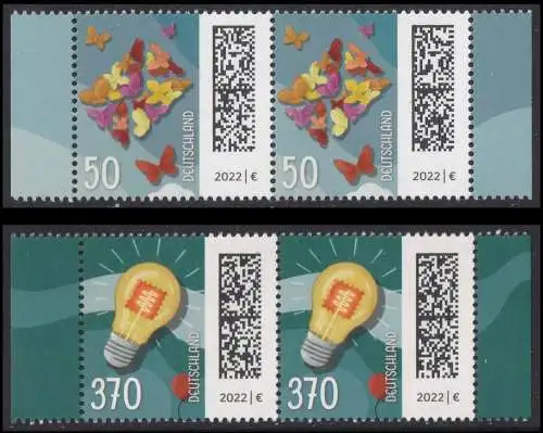 BUND 2022 Michel-# 3714/3715 postfrisch SATZ(2) horiz.PAARE RÄNDER rechts/links (c)