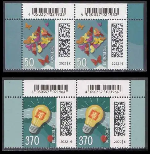 BUND 2022 Michel-# 3714/3715 postfrisch SATZ(2) horiz.PAARE ECKRÄNDER oben rechts/links 
