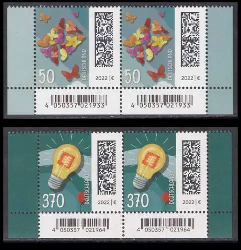 BUND 2022 Michel-# 3714/3715 postfrisch SATZ(2) horiz.PAARE ECKRÄNDER unten rechts/links 