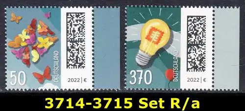 BUND 2022 Michel-# 3714/3715 postfrisch SATZ(2) EINZELMARKEN RÄNDER rechts (a)