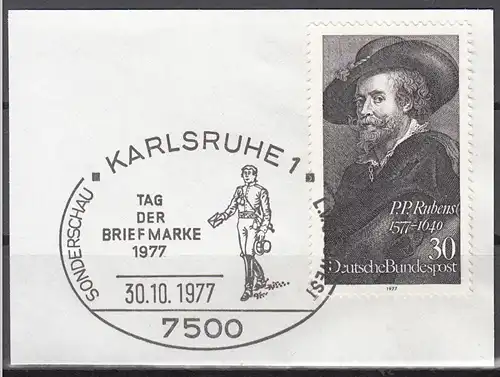 s3 - SST Karlsruhe 30.10.1977 Tag der Briefmarke 1977 auf Briefstück