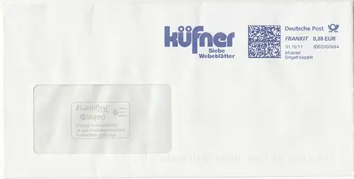 br000.148 - Deutschland FRANKIT 3D02000894, 2011, Infobrief - Entgelt bezahlt, Küfner - Siebe, Webeblätter