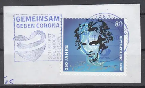 s24 - Bund Mi.Nr. 3520 mit MWSt Gemeinsam gegen Corona, blauer Stempel BZ 09, auf Briefausschnittt