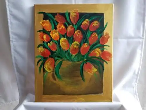 Tulpen in Vase, Öl auf Leinwand