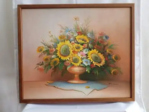 Sonnenblumen in Vase, Öl auf Leinwand, Signiert Russo