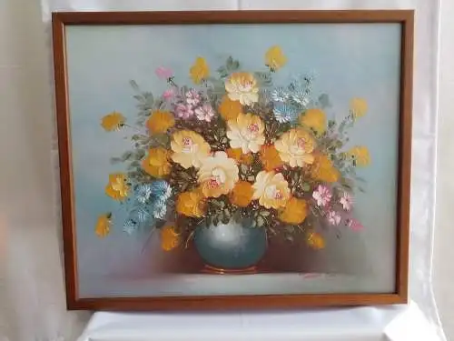 Blumen in blauer Vase, Öl auf Leinwand, Signiert Robert Cox