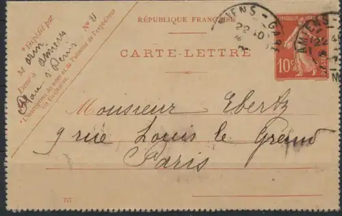 Frankreich Ganzsache Kartenbrief K 33 b 10c rot 1907