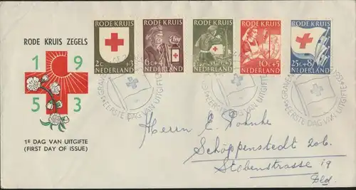 Niederlande Brief 615-619 Rotes Kreuz FDC echt gelaufen nach Schöppenstedt 1953