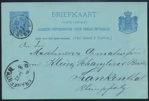 Niederlande Ganzsache P 20 via Bahnpost UTRECHT STATION nach Frankenthal 1895
