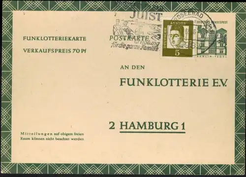 Bund Ganzsache FP 11 mit ZUF Werbestempel Juist nach Hamburg 17.12.1966