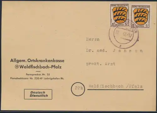 Franz. Zone Allg. Ausgabe Brief Ortskarte MEF 3 5 Pfg.Wappen Waldfischbach 1947