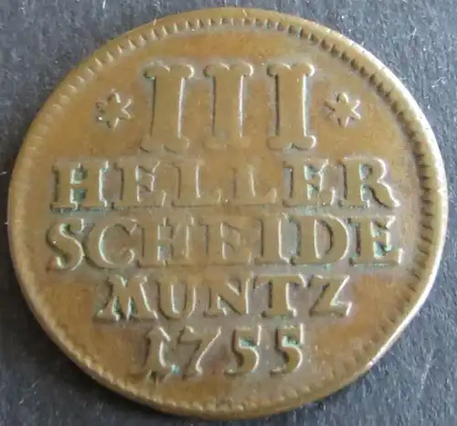 Münze Hessen-Kassel 1755 - III Heller Scheidemuntz Wilhelm VIII. s