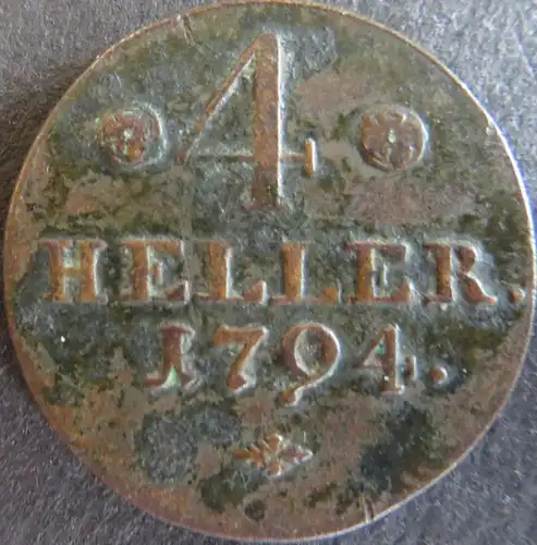 Münze Hessen-Kassel 1794 - 4 Heller Gekrönter Löwe mit Monogrammschild s+