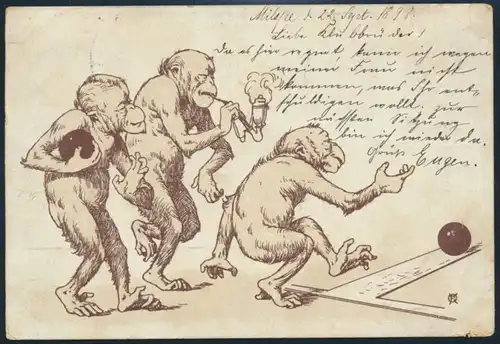 Ansichtskarte Kegeln Tiere personifizierte Affen Berlin an Kegelklub Gevelsberg