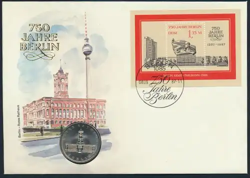 DDR Numisbrief 750 Jahre Berlin Rotes Rathaus 1987 mit 5M-Münze