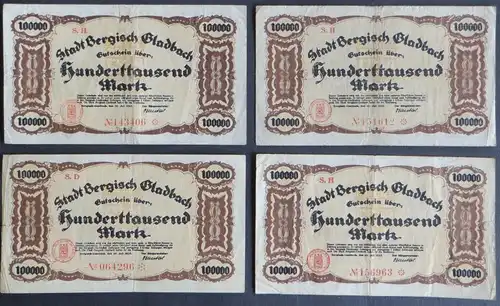 4x Geldschein Banknote Notgeld Bergisch Gladbach 100000 Mark 20.07.1923