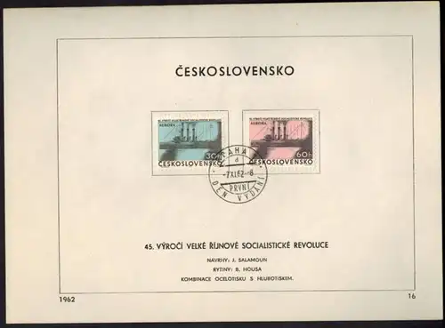 CSSR Tschechoslowakei 1364 + 1366 Sonderblatt mit Ersttagsstempel 1962 - Nr. 16