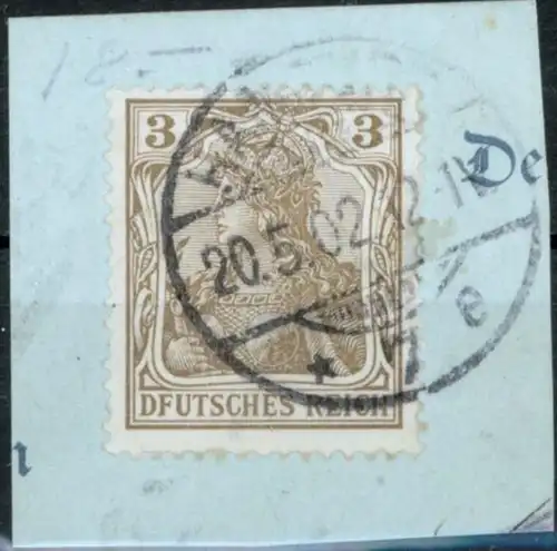 Deutsches Reich 69 PF I 3 Pf Germania 1902 mit Plattenfehler Briefstück