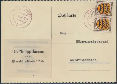 Franz. Zone Allg. Ausgabe Brief Ortskarte MEF 3 5 Pfg. Paar Waldfischbach 1947