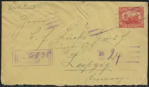 Nicaragua Ganzsache Umschlag postal stationery 2 cent Einschreiben nach Leipzig