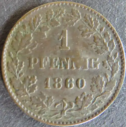 Münze Nassau 1860 - 1 Pfennig Scheidemünze Wappen Löwen Kupfer ss