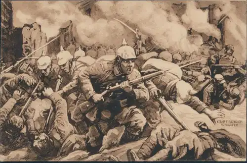 Ansichtskarte Künstler Curt Schulz 1. Weltkrieg Strassenkampf in Lille 1914/15