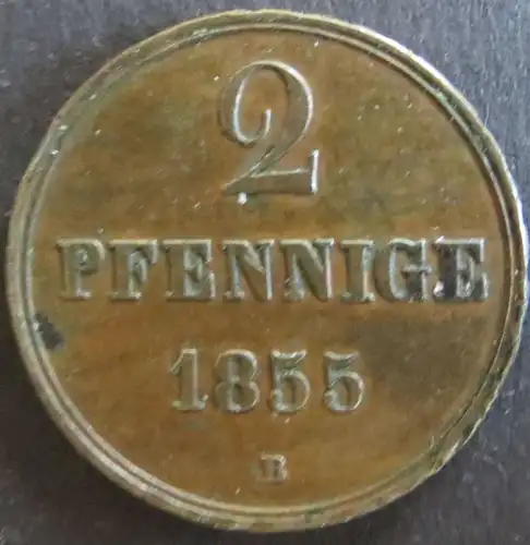 Münze Hannover 152 - 2 Pfennig Scheidemünze 1855 Monogramm Kupfer ss