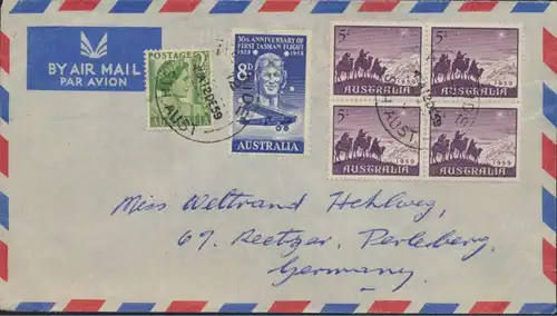 Brief Australien Luftpost MIF 205+284+304 Viererblock Adelaide nach Perleberg