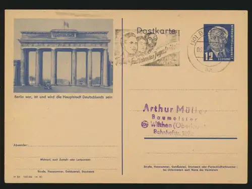 DDR Ganzsache P 4701 Brandenburger Tor Maschinenstempel Berlin friedensliebende