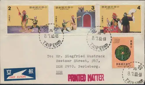 Taiwan Brief Drucksache Luftpost MIF 1079+1457-1459 Taipeh nach Perleberg