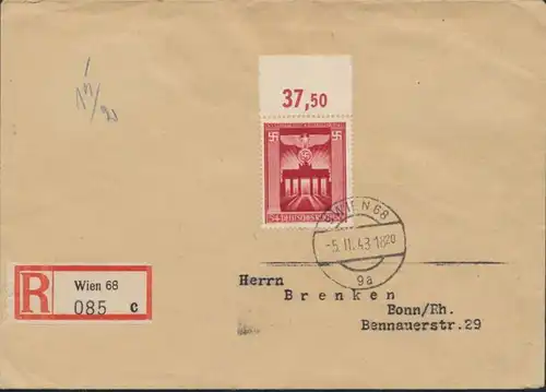 Österreich R-Brief mit Deutsches Reich 829 Oberrand Wien nach Bonn 5.2.1943