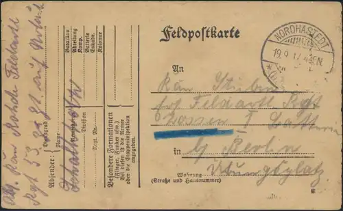 Vordruck Feldpostkarte K2 Nordhastedt Schelswig Holstein n. Berlin  I. Weltkrieg